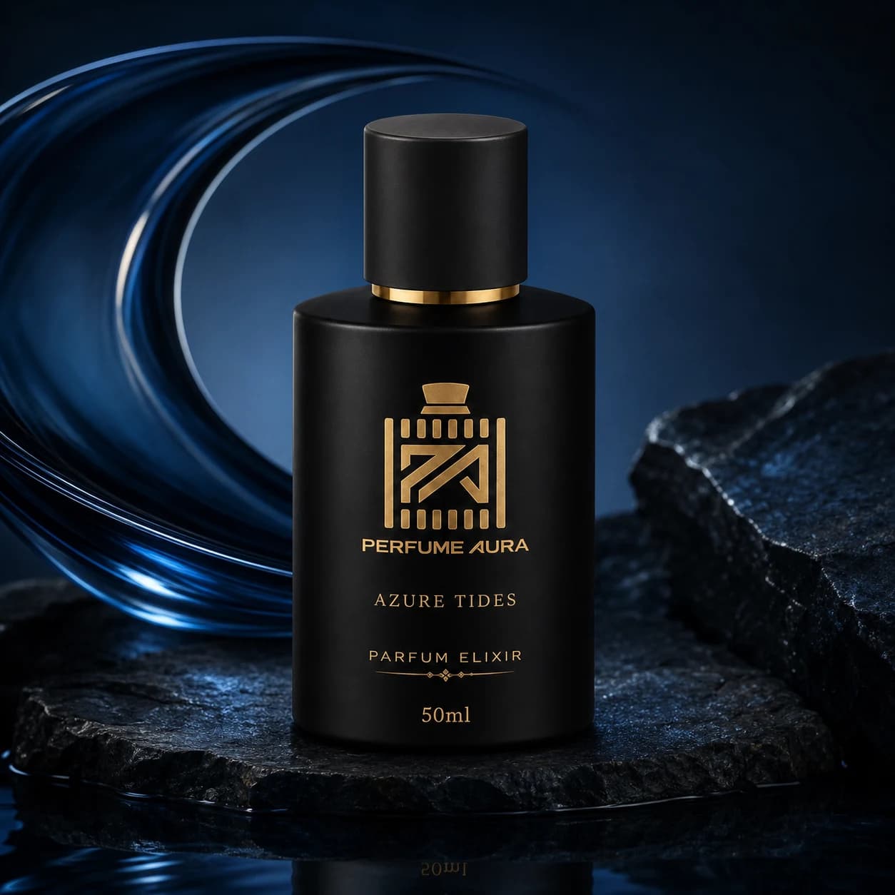 Perfume Aura bottle staged with sculpted blue glass