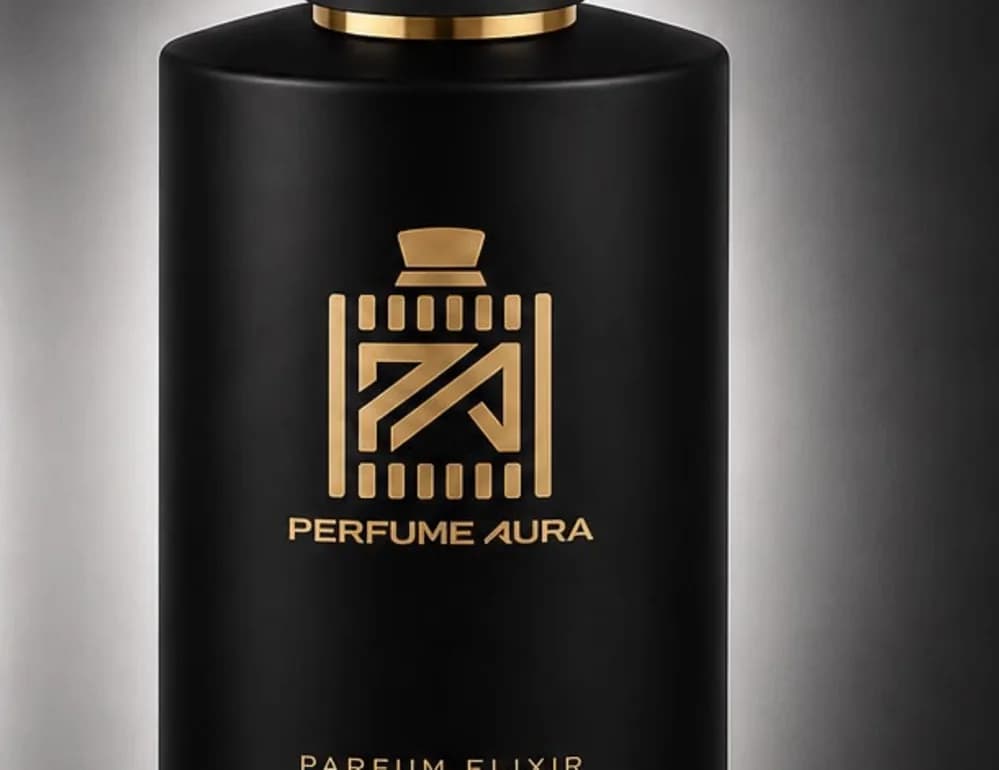 Close detail of a Perfume Aura bottle