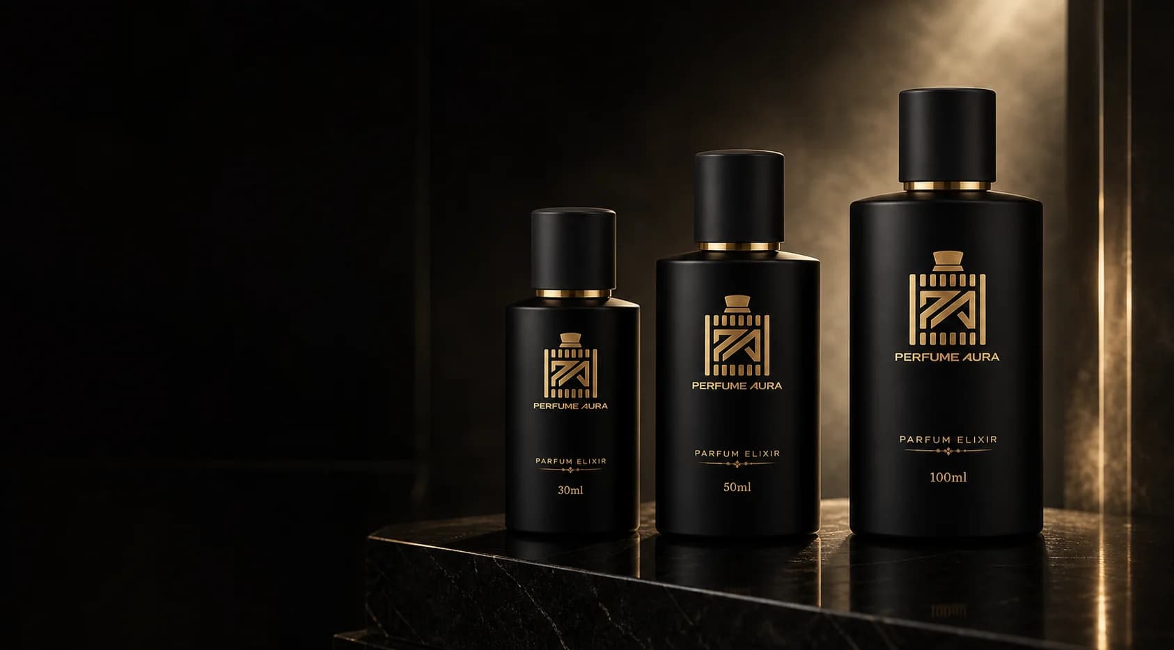 Three Perfume Aura bottles arranged on a dark stone plinth