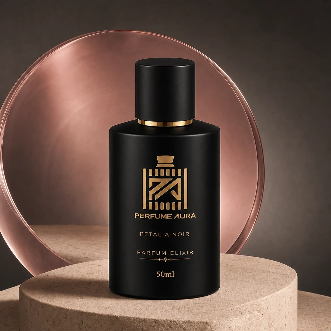 Perfume Aura bottle staged with a rose glass form