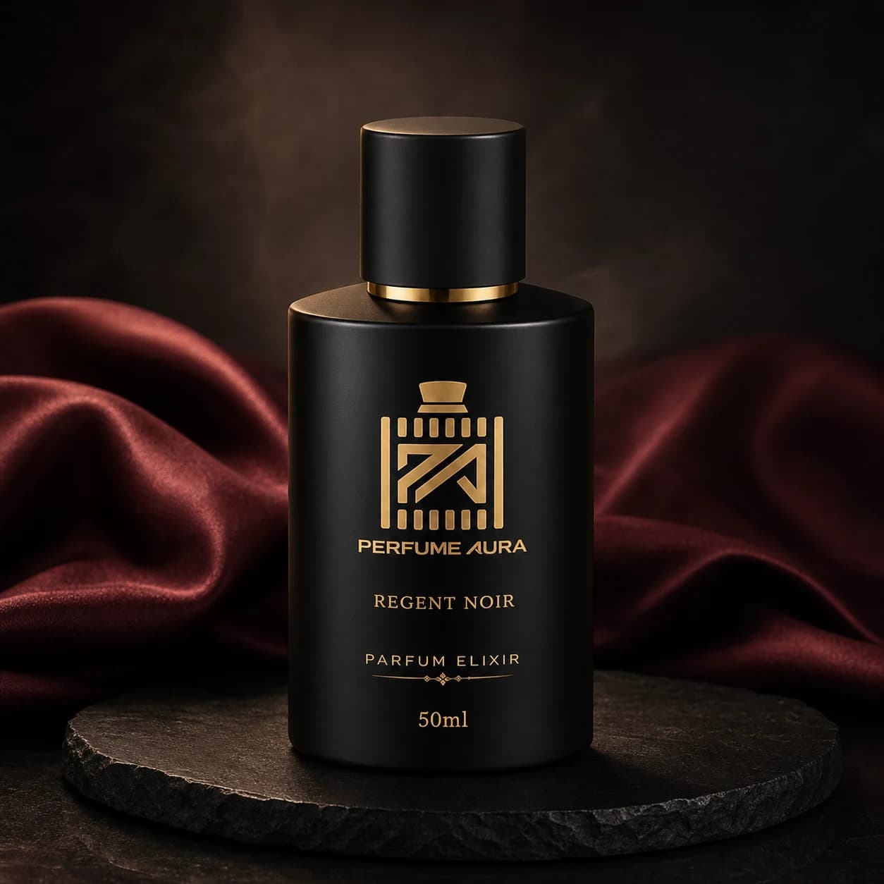 Perfume Aura bottle staged with deep burgundy silk