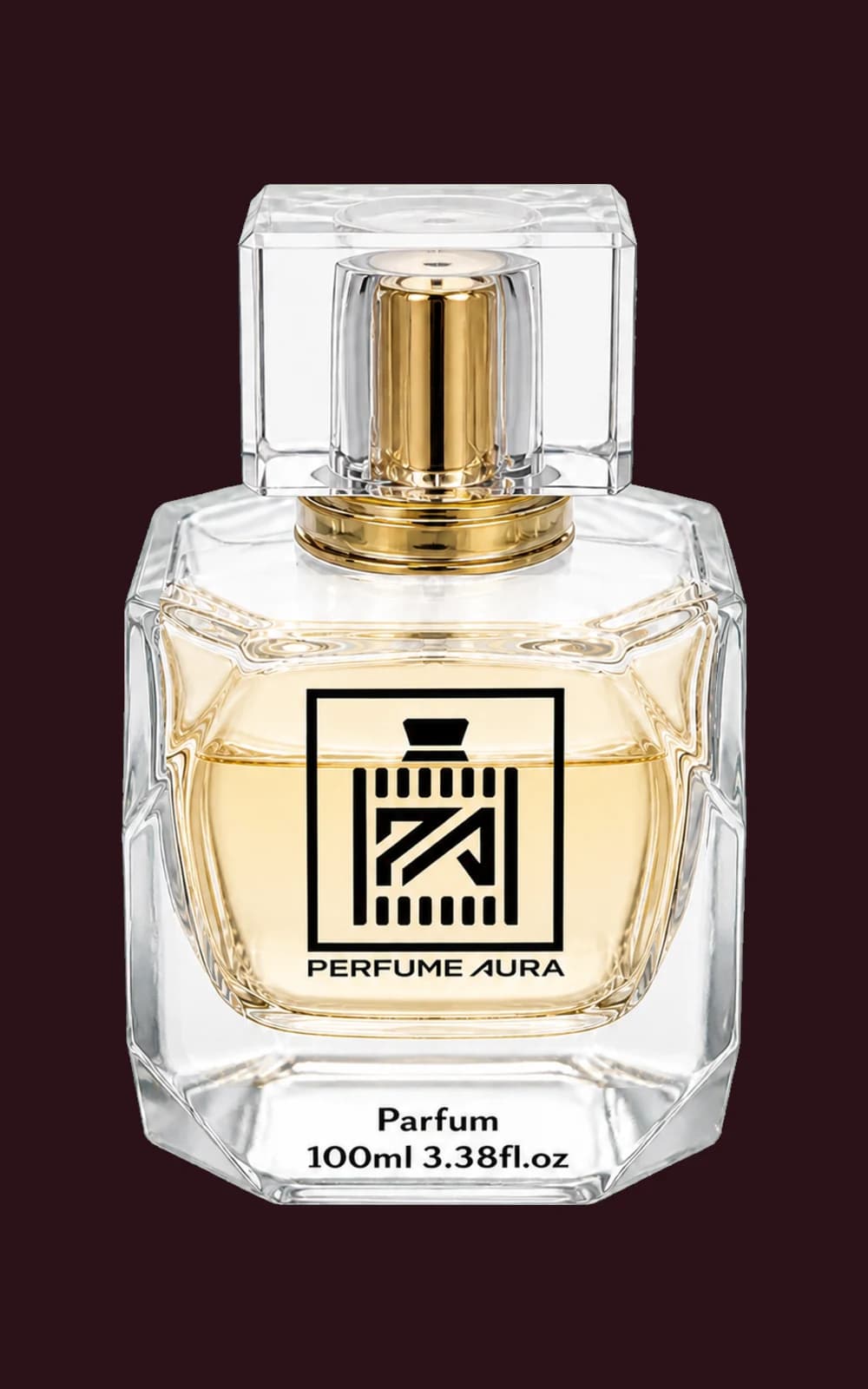 Perfume Aura Signature Series clear glass bottle with gold details